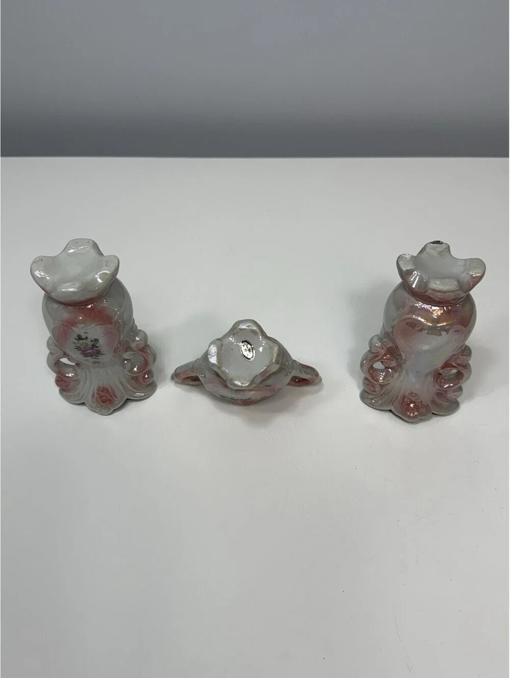 VTG Lusterware Floral Bud Vases Iridescent Pink Finish, Footed Handles Set Of 3